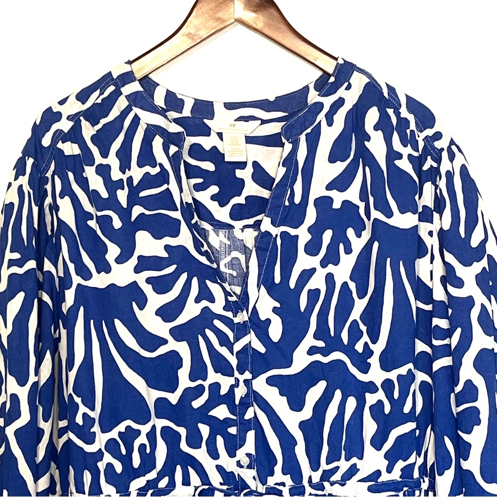 Linen blend coastal drawstring waist mini dress exaggerated sleeve blue white XL - Picture 3 of 7